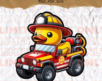 Fireman Rubber Ducky Riding American Off-Road Fire Truck Clipart PNG SVG PDF Shirts Sticker Decal Commercial use Instant Digital Download