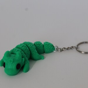 May include: A green, segmented, dragon-shaped keyring with black eyes. The dragon is curled up and has a silver chain attached to a silver ring.