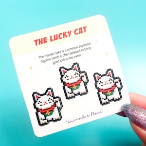 8-Bit Lucky Cat Sticker, Vinyl Sticker, Matte Waterproof, Waving fortune cat decal, Chinese lucky cat, Japanese Maneki Neko, retro graphic