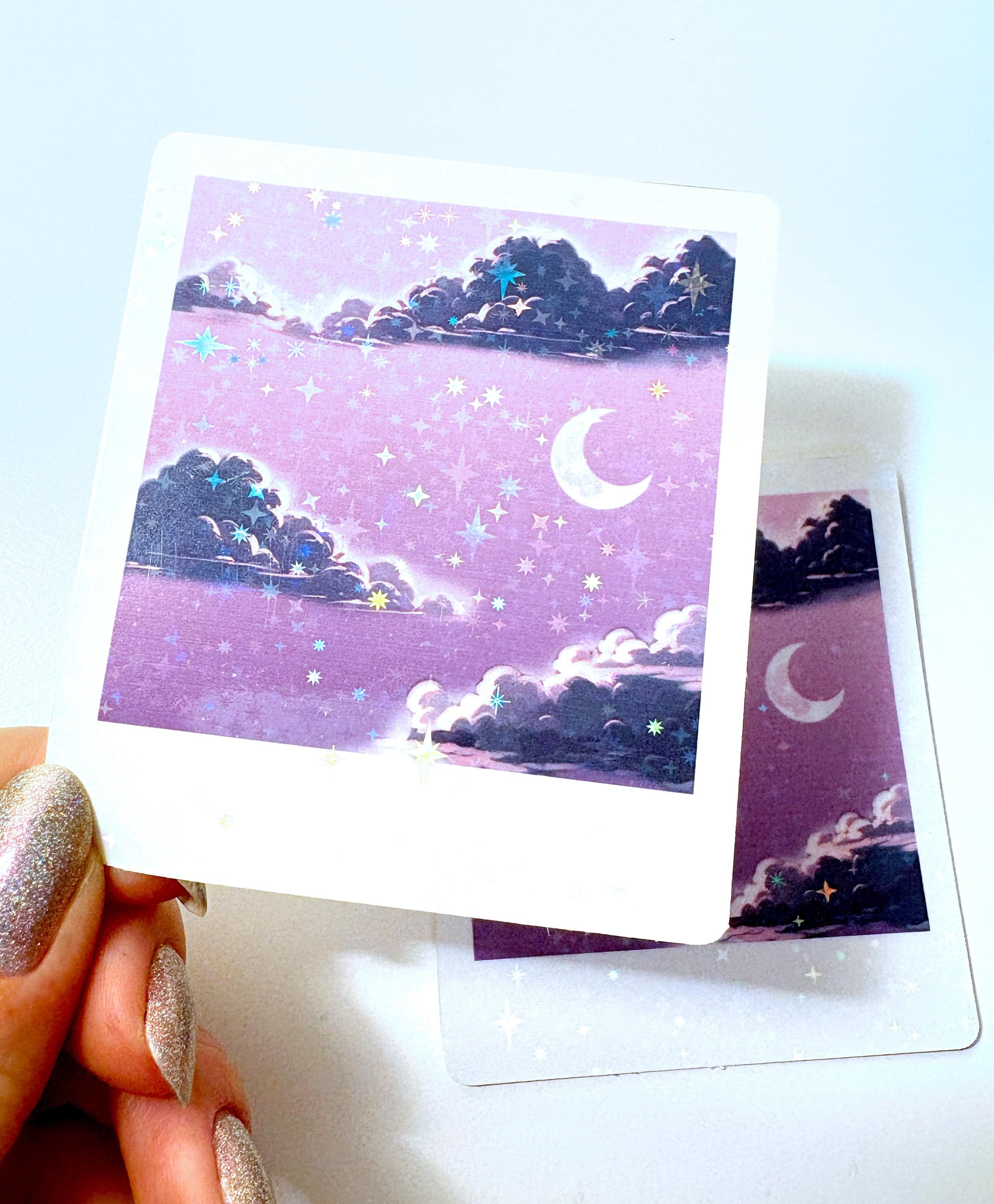 Lofi Polaroid Holographic Sticker, Nostalgic Vinyl Sticker, Glossy Holo Sticker, Dreamy Retro graphic sticker, Clouds, Night sky, Planner