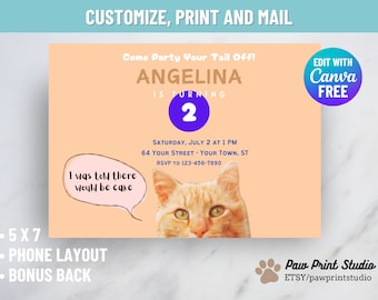 Cat Theme Birthday Printable | EDITABLE DIGITAL DOWNLOAD | Cat Birthday Party Invitation Template | Cat Party Printable Invitation