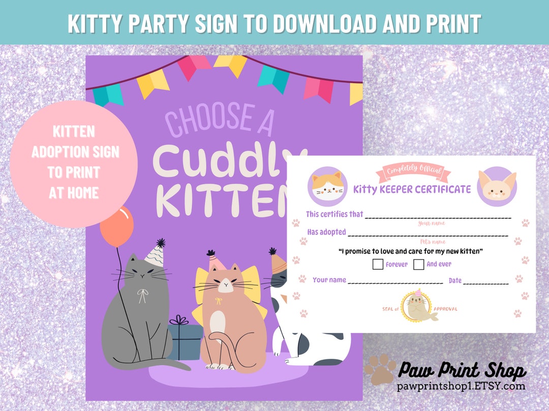 Adopt a Kitty Birthday Bundle Cat Adoption Cert, Kitten Sign, Fun