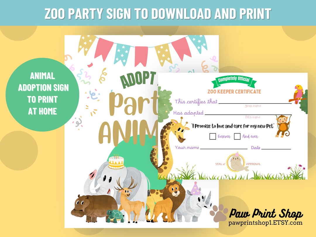 Zoo Animal Adoption Printable DIGITAL DOWNLOAD Adopt an Animal Birthday
