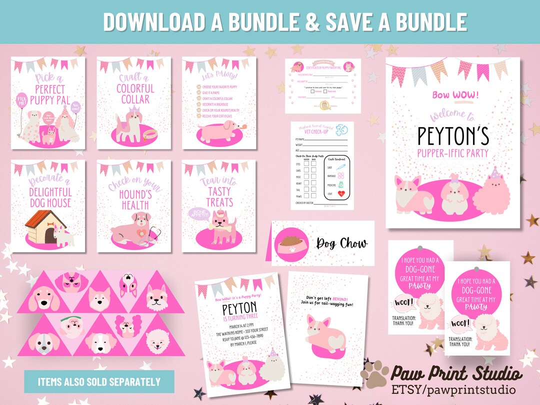 Pink Puppy Party Bundle | DIGITAL DOWNLOAD | Adopt A Puppy Sign | Puppy ...