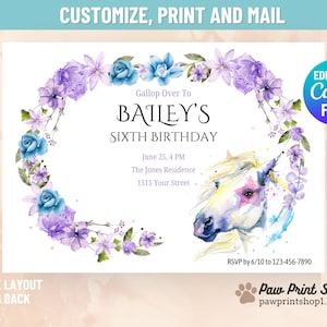 Blumen Pferd Geburtstag Printable | EDITIERBARER DIGITALER DOWNLOAD | Pony Geburtstagsparty Einladung Vorlage | Druckbare Einladung zum Thema Pferd
