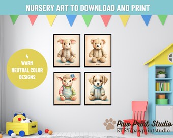 Neutral Nursery Printable Decor | Children’s Wall Art | 4 Nursery Prints in Popular Sizes | Plush Toy Parade  | INSTANT DIGITAL DOWNLOAD
