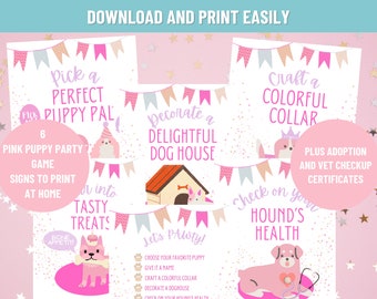 Pink Puppy Party Birthday Games | DIGITAL DOWNLOAD | Adopt A Puppy Sign | Puppy Vet Certificate | Adopt A Puppy Party Signs | Not Editable