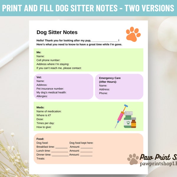 Dog Sitter Instructions Printable | DIGITAL DOWNLOAD | Print & Fill Dog Sitter Notes | Pet Sitter Guide | Dog Care Instructions Template