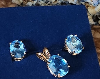 10K Gold Blue Topaz Pendant and Stud Earrings Set – Estate Jewelry