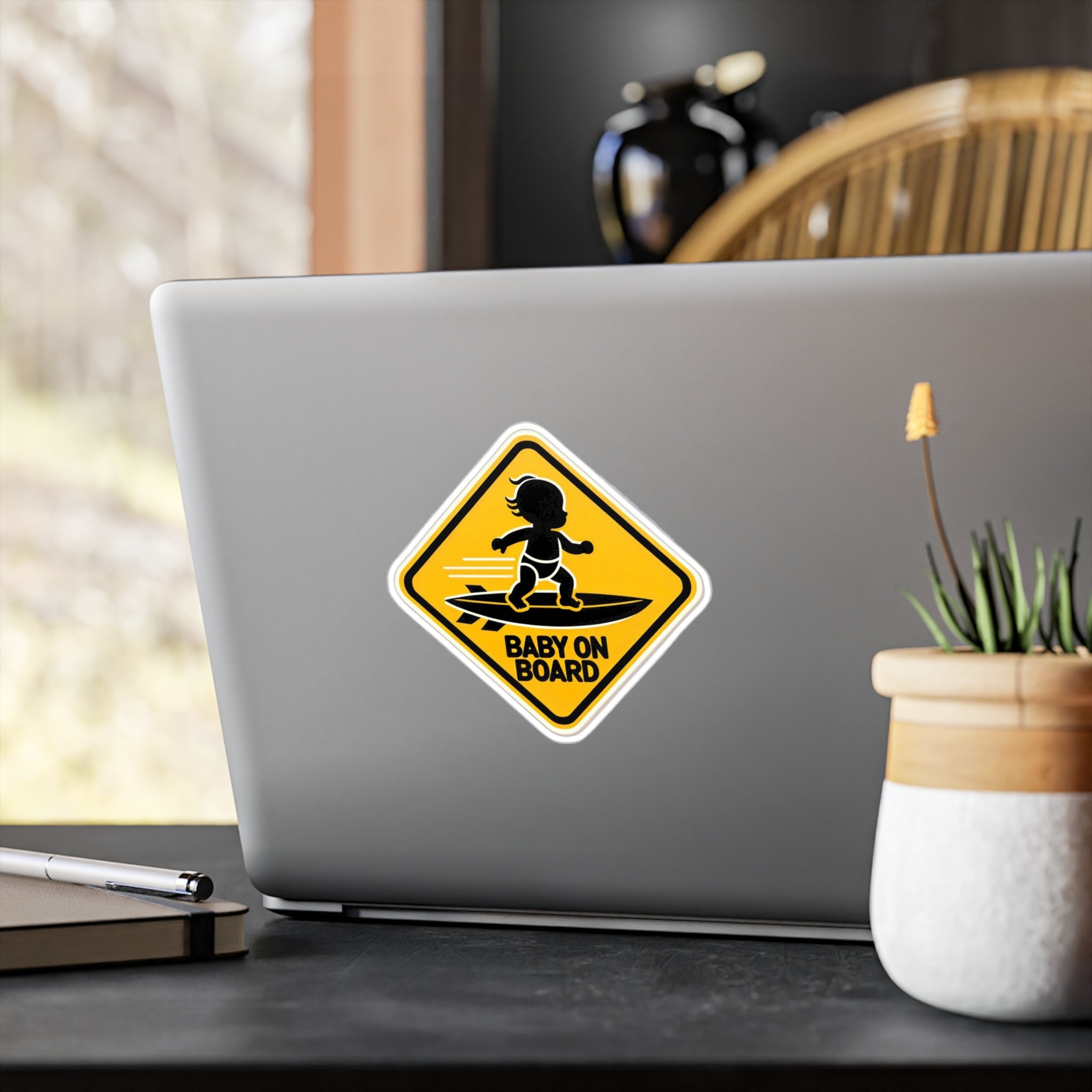 Baby On Board With Baby On Surfboard Decal Sticker | Soft Pink Gloss | 5x2.5 Inches | Removable Vinyl