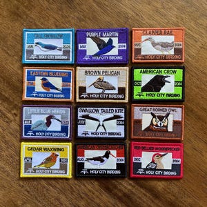 May include: A collection of embroidered patches featuring various bird species, including a Tree Swallow, Purple Martin, and Clapper Rail. Each patch has the bird's name, month, and the year 2024, with "Holy City Birding" text.