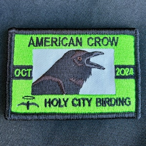 May include: Green and black embroidered patch with the text "AMERICAN CROW" and "HOLY CITY BIRDING" with a black crow illustration in the center. The patch also includes the text "OCT" and "2024".