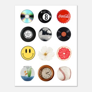 May include: A collection of various objects arranged on a white background. Includes a CD, an eight ball, a Coca-Cola bottle cap, a car tire, a disco ball, a vinyl record, a smiley face, a white flower, a grapefruit slice, a fishbowl, a clock, and a baseball.