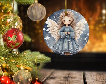 Engel in lichtblauwe elegantie keramisch ornament | Keramisch kerstornament | Feestdecoratie | Kerstboomdecoratie | Rond ornament