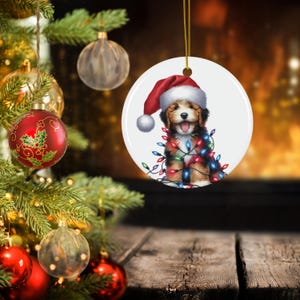 Breandoodle in Santa Hat with Christmas Lights | Round Ceramic Christmas Ornament | Holiday Decor | Christmas Tree Decoration | Brendoodle