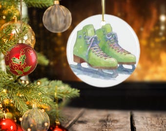 Adorno de cerámica con patines de hielo verdes/Decoración redonda para árbol de Navidad