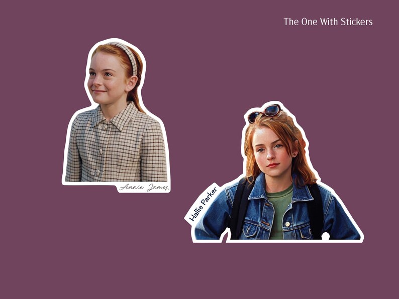 Two stickers of Hallie Parker and Annie James arriving at camp 1) Annie in gingham print dress and matching headband smiling and 2) Hallie in jean jacket and green t-shirt with sunglasses on her head