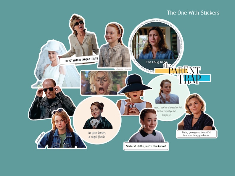 Thirteen sticker collage of The Parent Trap featuring Chessy, Martin, Hallie, Annie, Meredith, and the bride