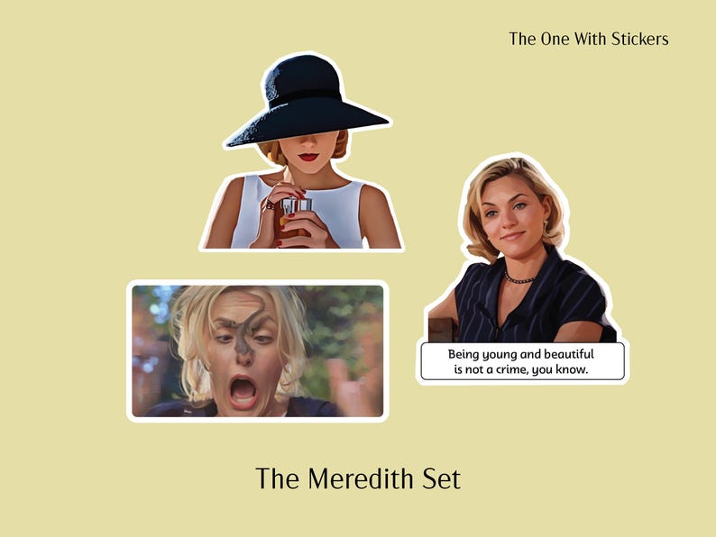 Three sticker collage of Meredith Blake from The Parent Trap featuring: 1) lizard scene on hike, 2) Meredith in black hat and white dress, 3) Meredith saying being young and beautiful is not a crime you know.