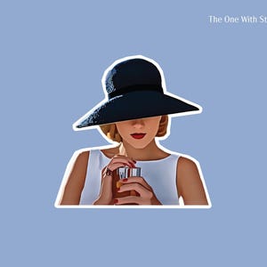 Sticker of classic Meredith Blake from The Parent Trap - black hat with red lipstick and white dress by the pool