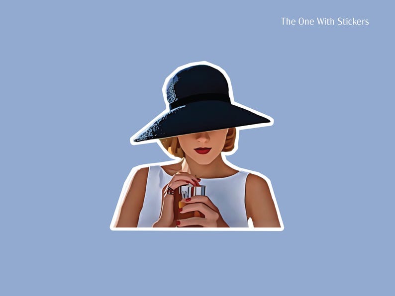 Sticker of classic Meredith Blake from The Parent Trap - black hat with red lipstick and white dress by the pool