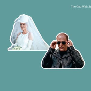 Two stickers from The Parent Trap - 1) the bride wearing the top hat and veil and 2) Martin the butler in leather jacket and aviator sunglasses