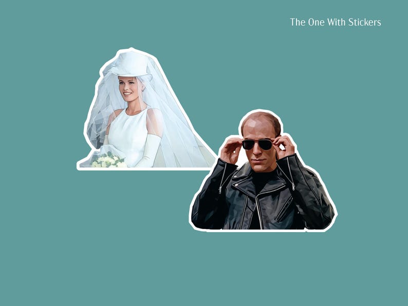 Two stickers from The Parent Trap - 1) the bride wearing the top hat and veil and 2) Martin the butler in leather jacket and aviator sunglasses
