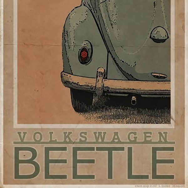 Vintage Volkswagen Beetle Poster, Retro Car Print, Wall Art Decor, Classic Beetle Art Print, Garage Decor