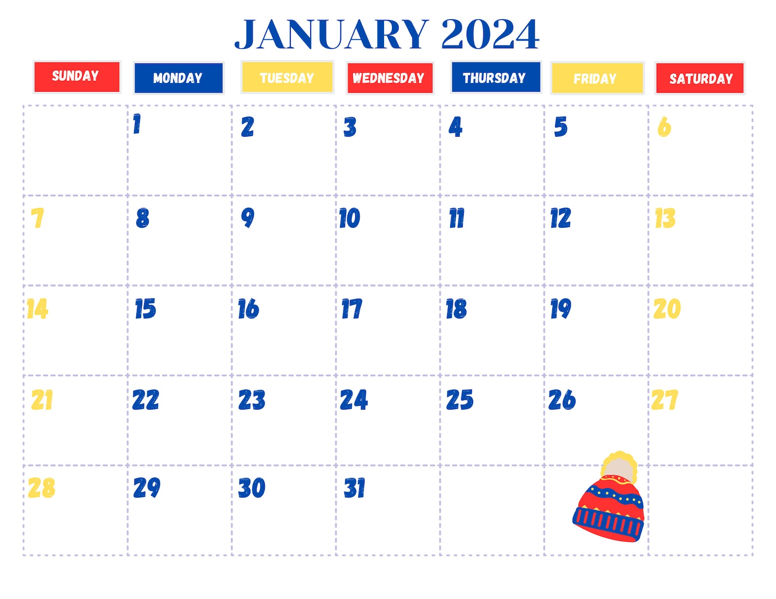 Primary Color Theme Printable Calendar - Etsy