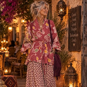 May include: A red patterned kimono-style jacket with a tie waist and pockets, paired with a long, floor-length skirt featuring a geometric diamond print. The outfit includes a dark purple fringed shoulder bag and dark red ankle boots.
