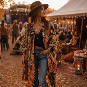 May include: A long, open-front kimono featuring a vibrant, multi-coloured pattern in shades of yellow, orange, red, and black. The garment is worn over a black camisole, blue denim jeans with a brown leather belt, and brown ankle boots.