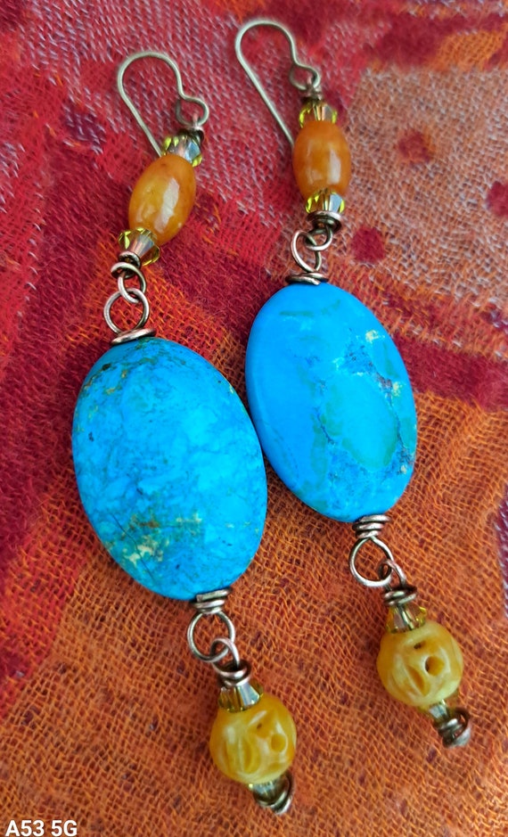 Boho turquoise gemstone dangle earings,one-of-a-kind unique gift...x