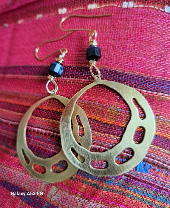 Blue Tiger Eye Brass Hoop Earrings, Vintage Organic Statement Jewelry
