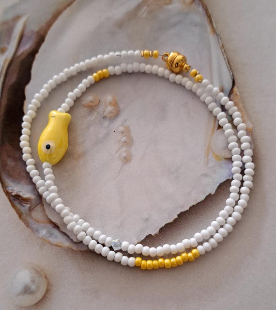 Choker necklace, yellow enamel fish pendant, seed beads,swarovski crystal and magnetic clasp...x
