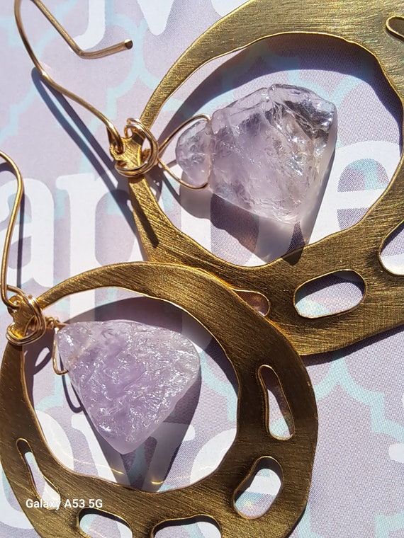 Boho hoop earings, Ametrine gemstone, brass hoops and ear wires,unique, one of a kind gift...x