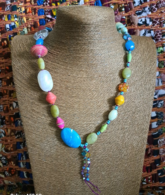 Boho,long,handknotted, adjustable, gemstone, shell and seeds necklace, unique, one-of-a-kind gift...x