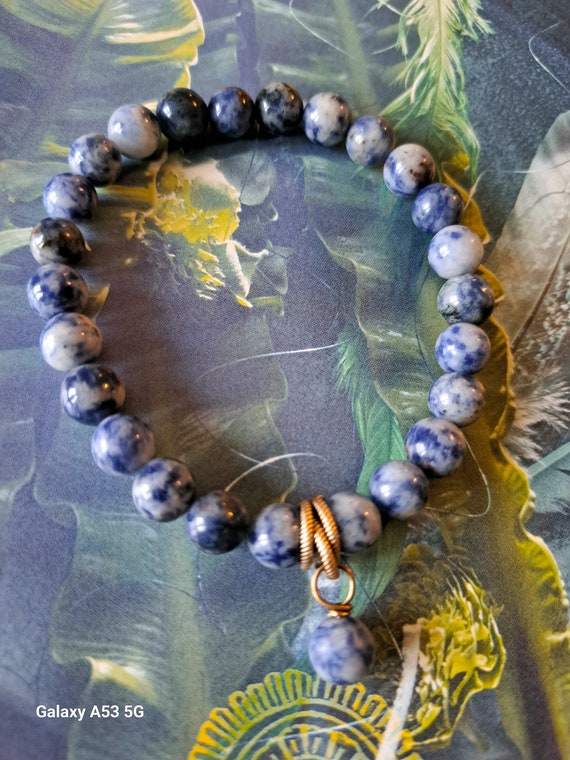 Mens stretchy blue spot jasper gemstone bracelet...x