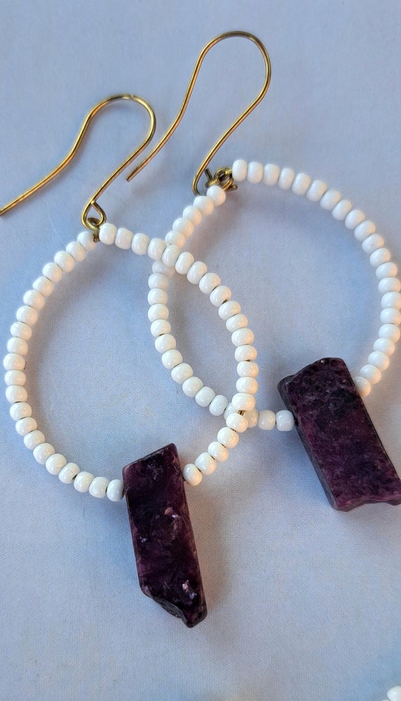 Natural Lepidolite, purple mica gemstone earings, boho,seed beads,one of a kind, unique gift...x