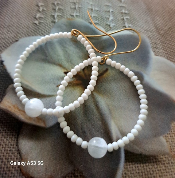 Selenite gemstone bead and seeds hoop boho earings,gift...x