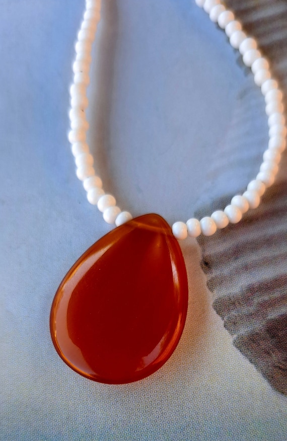Carnelian Gemstone Pendant Necklace: White Seed Beads, Vintage Swarovski