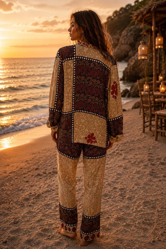 Recycled Silk Pajama Set: Unisex Bohemian Loungewear