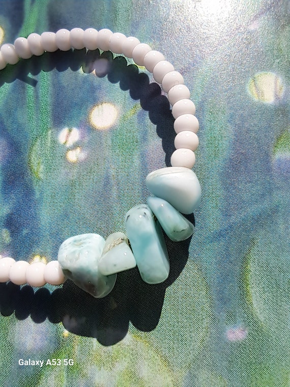 Boho hoop earings, Larimar gemstone chips, white seed beads and vintaj brass ear wires...x