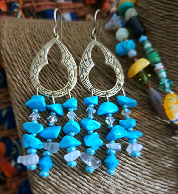 Boho Turquoise and Quartz Chip dangle earings, unique gift...x