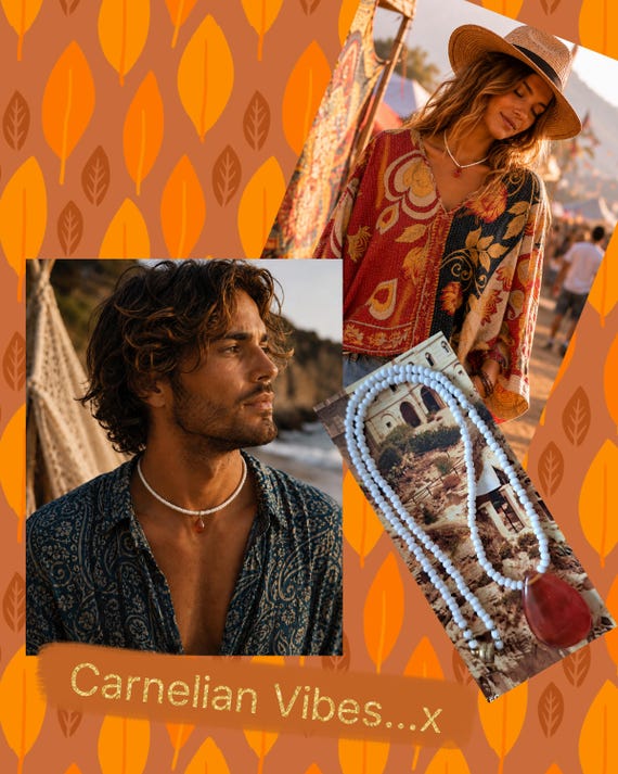 Carnelian Gemstone Pendant Necklace: White Seed Beads, Vintage Swarovski