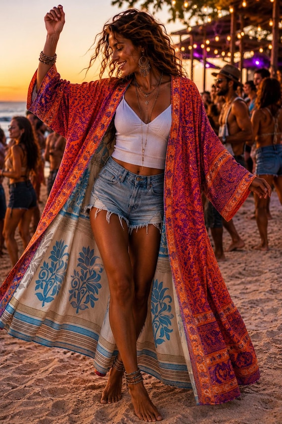 One of a kind reversible, recycled silk sari  kimono 4...x