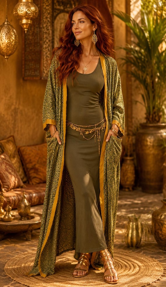 Recycled Silk Sari Kimono: Green & Gold, Free Size