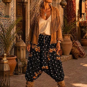 Bohemian Kantha Harem Pants | Very Dark Navy Floral Polka Dot Cotton Trousers