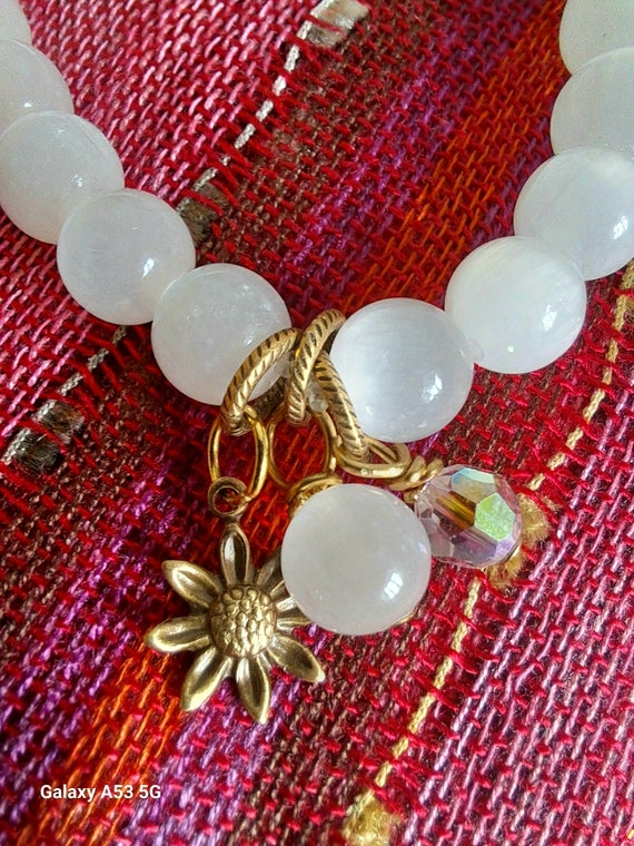 Selenite gemstone beads, and charms stretchy boho bracelet,unique gift...x