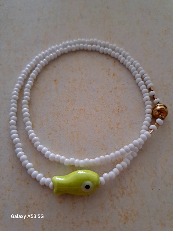 Choker style beaded necklace, with porcelain fish, pendant gift...x