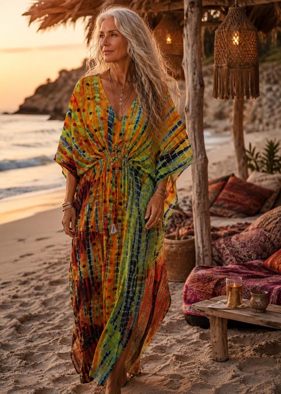 Vintage Crepe Silk Kaftan | Bohemian Resort Wear, Beach Cover-Up